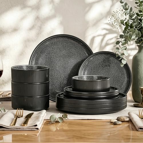 Kitchen Academy Stoneware Dinnerware Set for 4, Ribbed Plates and Bowls | Black Fluted, 12 Pieces Ceramic Non Toxic Dishes Sets, Oven & Microwave & Dishwasher Safe - color: Black, size: Service for 4-12Pcs