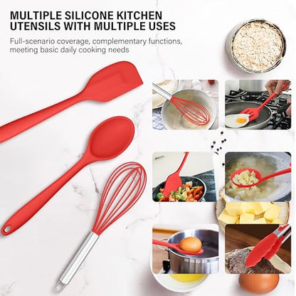 HaWare 11 PCS Silicone Cooking Utensils Set, Heat Resistant Kitchen Utensils with Holder, Food-grade Spatula Sets for Nonstick Cookware, Kitchen Tools Gadgets Include Fish Turner, Spoon (Red) - color: Red