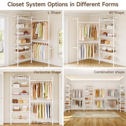 L2 Wall Mounted Closet System, Industrial Pipe Clothing Rack, White | Metal Clothes Rack with 2 Telescopic Rods & 6 Shelves, Heavy Duty Closet Organizers for Wardrobe, Reach-in & Walk-in Closets - color: White