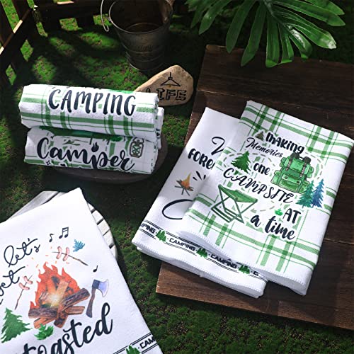 Redbaker 6 Pcs Camping Kitchen Towels with Hanging Loop | Happy Camper Themed Decor for RV Accessories, Bonfire Tent Car Designs, Absorbent Hand Towels for Outdoor Camping Gifts - style: Camping
