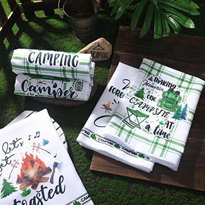 Redbaker 6 Pcs Camping Kitchen Towels with Hanging Loop | Happy Camper Themed Decor for RV Accessories, Bonfire Tent Car Designs, Absorbent Hand Towels for Outdoor Camping Gifts - style: Camping
