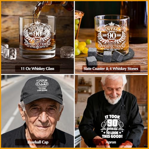 90th Birthday Gifts for Men Whiskey Glass Set, 90th Birthday Party Supplies with 11 Oz Whiskey Glass Coaster Stone Baseball Cap Apron Sock Toilet Paper Keychain for Him, Dad, Husband, Friends - style: 90th Birthday
