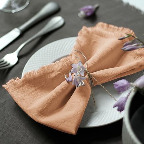 Handmade Cloth Napkins 100% Cotton Napkins with Fringe，Delicate Handmade Cloth Napkins for Dinners, Parties, Weddings and More，18 x 18 Inch Set of 4 - Caramel - color: Caramel