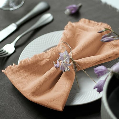 Handmade Cloth Napkins 100% Cotton Napkins with Fringe，Delicate Handmade Cloth Napkins for Dinners, Parties, Weddings and More，18 x 18 Inch Set of 4 - Caramel - color: Caramel