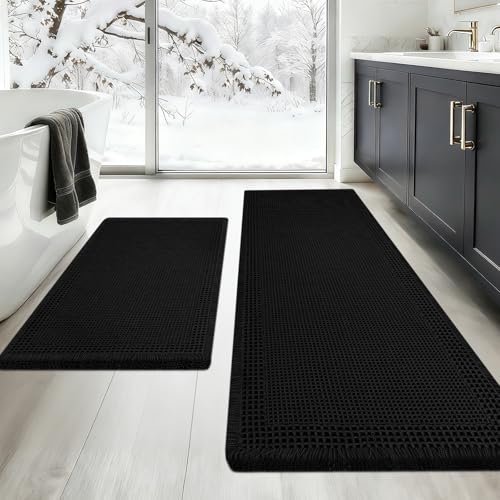 Upgraded Waffle Bath Mat Set 2 Piece Black-Bordered, Super Absorbent Non-Slip Quick Dry Bathroom Rugs with Tassels, Machine Washable Ultra Soft Boho Bath Rugs for Floor, Bath Mats Boho Farmhouse Decor - color: Black, size: 24"x17"+5'x2'