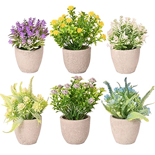 LUEUR 6 Potted Artificial Flowers Arrangement, Fake Flowers with Vases | Faux Flower in Pots, Centerpiece Table Decorations, Spring Summer Decor for Easter, Mother's Day Home Office - color: 6pcs Artificial Potted Flower-slurry Pot