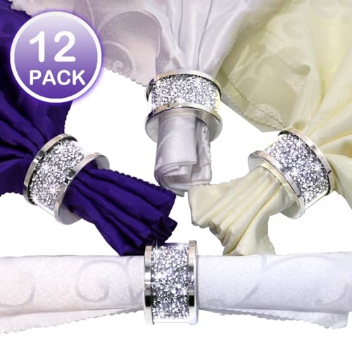 Silver Diamond Napkin Rings (Silver 12 Pack) | Crystal Glass Napkin Holder Glam Crushed Diamond Table Settings Bling Serviette Buckles Cloth Holder - color: Silver 12 Pack