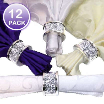 Silver Diamond Napkin Rings (Silver 12 Pack) | Crystal Glass Napkin Holder Glam Crushed Diamond Table Settings Bling Serviette Buckles Cloth Holder - color: Silver 12 Pack