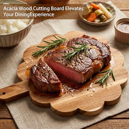 Scalloped Cutting Board with Handle, Acacia Wood Decorative Cutting Board | Round Kitchen Chopping Boards for Pizza, Bread, Cheese, Fruits, Vegetables, 12 x 10 x 0.63 Inch