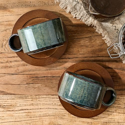 LUKA 6 Ounce Porcelain Stackable Espresso Cups with Saucers and Metal Stand Set of 4, Ceramic Cappuccino Cups Set for Specialty Coffee Drinks, Latte, Cafe Mocha and Tea, Kiln Tide Glaze - color: Kiln Tide Glaze
