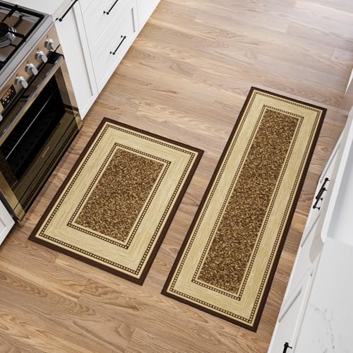 Ottomanson 2-Piece Kitchen Rug Set - Non Slip, Runner & Small Area Rug - Border - 20" x 53" & 2'3" x 3' - Durable, Stain Resistant for Entryway, Bedroom and Bathroom, Brown - color: Border Dark Brown, size: 1'8" x 4'5" (2'3" x 3' - 2 Piece Set)