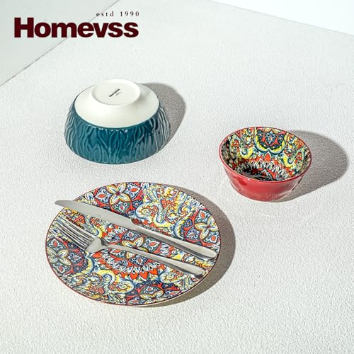 Boho 10 Pieces Dinnerware Sets, Plates and Bowls Set, Porcelain Dishes Set for 2, Microwave and Dishwasher Safe, Scratch Resistant, Bohemian Style Dining Ware, Mixed Colors of Green & Red - color: Mixed 1