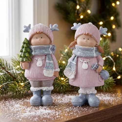 Christmas Home Decor Set of 2 Resin Mini Sculptures with Reindeer Hats, Cute Female Themed Winter Ornaments for Mantel, Tiered Tray & Indoor Tabletop Christmas Decor