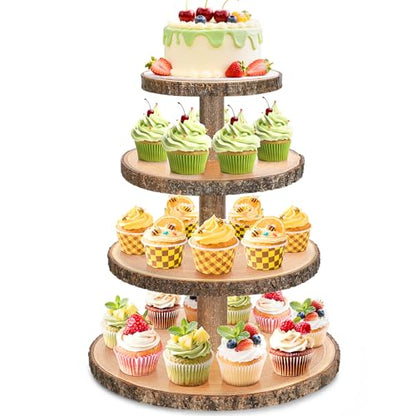 Wooden Cupcake Stand for 24 Cupcakes 4-Tier Dessert Tower Rustic Tiered Display Stand for Woodland Baby Shower Decorations, Farmers Market Decor, Wedding, Birthday, Graduation, Tea Party
