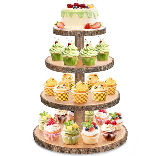 Wooden Cupcake Stand for 24 Cupcakes 4-Tier Dessert Tower Rustic Tiered Display Stand for Woodland Baby Shower Decorations, Farmers Market Decor, Wedding, Birthday, Graduation, Tea Party