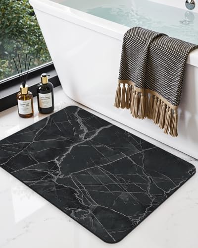 DEXI Bath Mat 24x16, Non Slip Quick Dry Rugs, Super Absorbent Ultra Thin Marble Bathmat, Washable Rubber Mats for Shower Floor, in Front of Bathtub, Sink, Bathroom Accessories Decor, Black - color: Black, size: 24" X 16" (Rectangular)