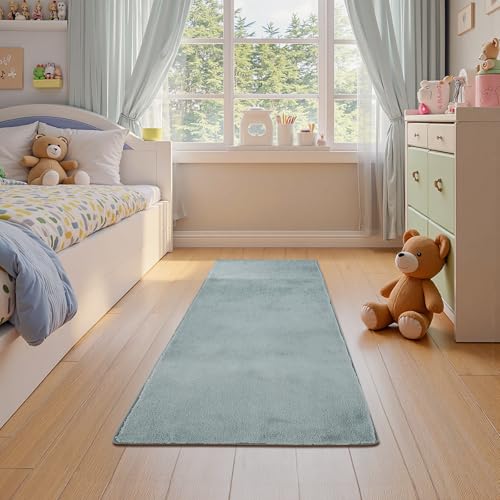 jinchan 2x5 Solid Plush Runner Rug Shaggy Washable Hallway Rug, Slate Blue | Soft, Cozy, Non-Slip, Modern, Faux Wool, Performance Rug, Floor Carpet, Entryway, Bathroom, Kitchen, Laundry Room, Bedroom - color: Solid Slate Blue, size: 2' x 5' (Rectangular)