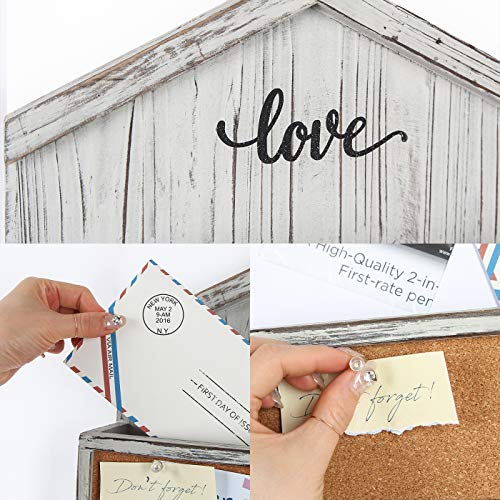 J JACKCUBE DESIGN Wall Mounted Rustic White Wash Mail and Key Holder, Wooden Floating Organizer with Mail Storage, 4 Key Holders and Pin Board for Entryway, Mud Room, Living Room, Office-MK623A