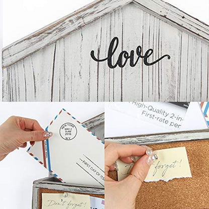 J JACKCUBE DESIGN Wall Mounted Rustic White Wash Mail and Key Holder, Wooden Floating Organizer with Mail Storage, 4 Key Holders and Pin Board for Entryway, Mud Room, Living Room, Office-MK623A