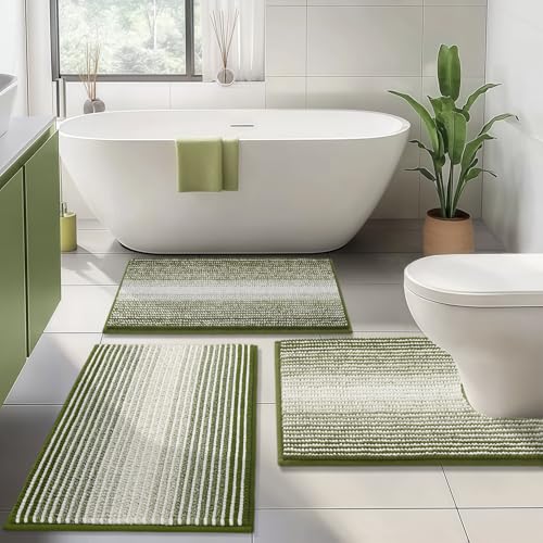 Bathroom Rugs Sets 3 Piece, Toilet Rugs U-Shaped Contour Bath Mat Set, Striped Absorbent Non Slip Chenille Shower Mat, Sage - color: Sage, size: 20"x32"+16"x24"+U Shape 20"x24"