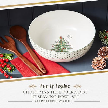 Spode Christmas Tree Polka Dot Serving Bowl & Wooden Servers - Set of 3 | Hand Painted Earthenware 10" Salad Bowl & Acacia Wood Servers for Pasta, Salads, Side Dishes & Holiday Entertaining