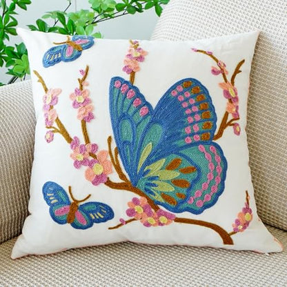 vctops Floral Butterfly Embroidered Pillow Covers 18x18 Inch Spring Summer Cotton Tufted Throw Pillow Cover Outdoor Garden Cushion Case for Sofa, Bed, Living Room (Butterfly,18"x18") - color: Butterfly