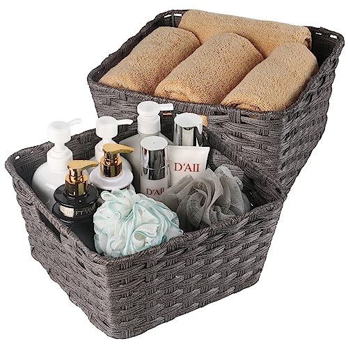 2-Pack Plastic Wicker Storage Baskets for Bathroom, 12"x12"x6", Dark Grey | onlytak Woven Storage Baskets, Stackable & Durable, for Shelves, Closet, Toilet Paper, Home Organizing - color: Dark Grey, size: 12" x 12" x 6"