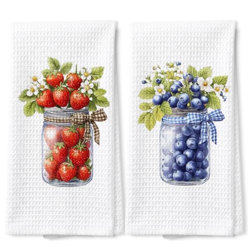 Strawberry Gifts Waffle Weave Kitchen Towels Set for Women Hostess, Blueberry Gifts Decorative Towels for Strawberry Lover Farmhouse - color: Strawberry