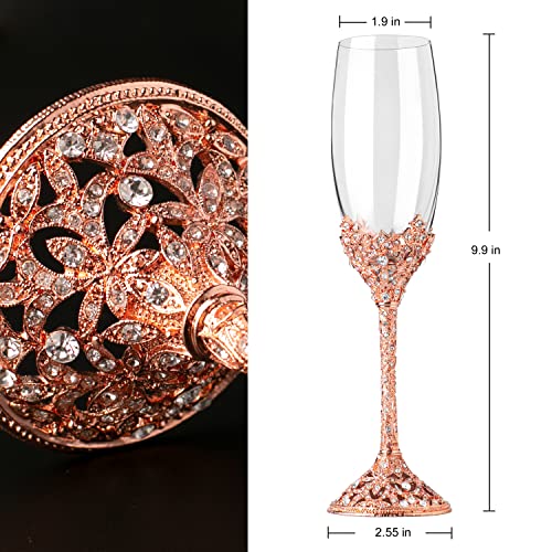 Champagne Flutes - Crystal Glass Metal Base With Crystal Stones, Set of 2 Toasting Flute Pair, Wedding Anniversary Party Birthday Banquets and Gifts for Bride and Groom (Rose Gold) - color: Rose Gold