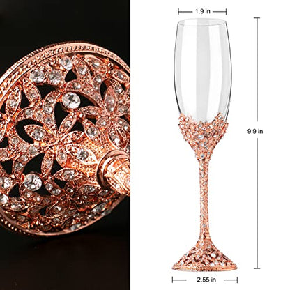 Champagne Flutes - Crystal Glass Metal Base With Crystal Stones, Set of 2 Toasting Flute Pair, Wedding Anniversary Party Birthday Banquets and Gifts for Bride and Groom (Rose Gold) - color: Rose Gold