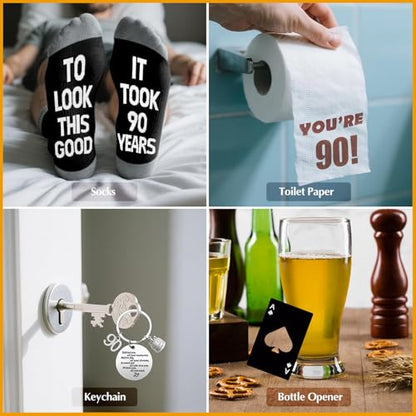 90th Birthday Gifts for Men Whiskey Glass Set, 90th Birthday Party Supplies with 11 Oz Whiskey Glass Coaster Stone Baseball Cap Apron Sock Toilet Paper Keychain for Him, Dad, Husband, Friends - style: 90th Birthday