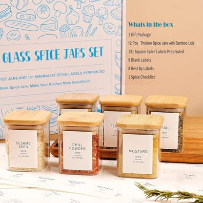 HHMJSM 12 Pcs Square Glass Spice Jars with Natural Bamboo Lids - 5oz Airtight Herb Containers with 148 Waterproof Minimalist Spice Labels Preprinted - Empty Small Seasoning Jars for Kitchen Pantry - color: 5oz(12pcs)
