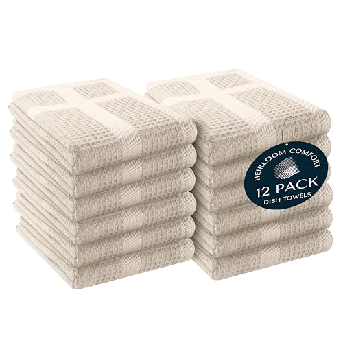 Waffle Weave Kitchen Towels with Hanging Loop, 12 Pack, 100% Cotton, 16"x26", Super Absorbent, Fast Drying Dishcloth Set, Soft for Cleaning Dishes, Hand Towel, Durable, Ivory - color: Ivory, style: 12 Pack