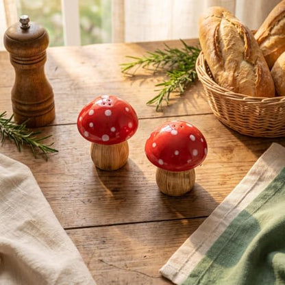 Mushroom Salt and Pepper Shakers Set Ceramic Red Toadstool Dispenser | 2-piece ceramic mushroom salt and pepper shakers with 3 and 2 top holes and silicone bottom stoppers for kitchen table decor.