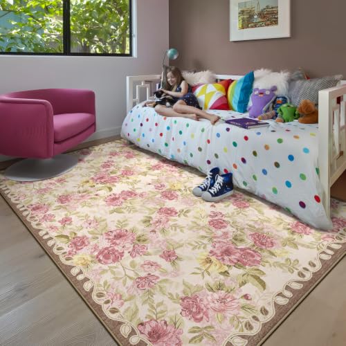 Washable 5x7 Area Rug, Cream Boho Floral Non-Slip for Living Room, Bedroom | Soft Low-Pile Faux Wool Indoor Farmhouse Carpet for Nursery, Dining Room, Kid & Pet Friendly, Stain, Fade & Wear Resistant - color: Dusty Pink, Cream and Sage Green, size: 5' x 7