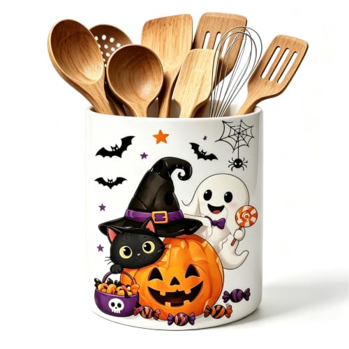 Halloween Ceramic Kitchen Utensil Holder Extra Large Countertop Organizer | Black Cat Ghost Halloween Print Spatula Holder, Vintage Pumpkin Witch Farmhouse Halloween Kitchen Decor Holiday Gifts