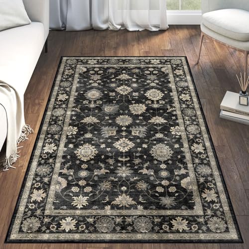 LUXRUG 3x5 Washable Area Rug - Small Entryway Rug Non-Slip Charcoal Black | Vintage Traditional Floral Kitchen Rugs Low Pile Boho Entry Carpet Throw Rugs for Living Room Bedroom Bathroom Entrance - color: Charcoal Black, size: 3' x 5' (Rectangular)
