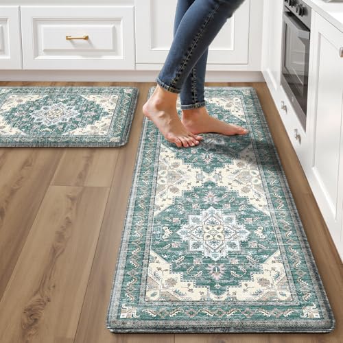 Boho Kitchen Mats for Floor 2 Piece Set Anti Fatigue Cushioned PVC Kitchen Rugs Non Slip Waterproof Farmhouse Mats 2/5 Inch Comfort Standing Mat for Sink, Laundry, 17.3"x47"+17.3"x28", Blue Green - color: Blue Green, size: 17.3"x28"+17.3"x47"