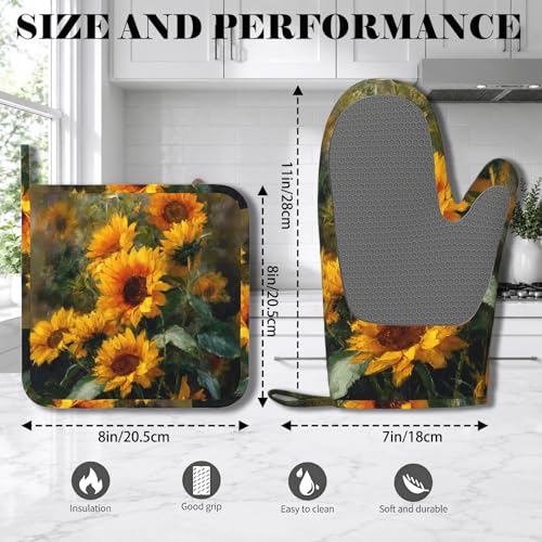 Abstract Oil Painting Sunflower Oven Mitt and Pot Holder with Silicone Heat Resistant Kitchen for Cooking BBQ Baking Grilling Cooking Protection - color: Abstract Oil Painting Sunflower