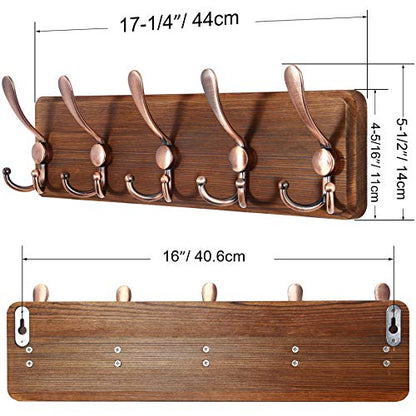 SKOLOO Rustic Pine Wood Wall Coat Rack with 5 Triple Hooks, 16" Stud Spacing, Farmhouse Wall Mounted Coat Rack for Hanging Backpack, Jacket, Hat - color: Brown Plate & Antique Hook, size: 1 Item-5 Hooks