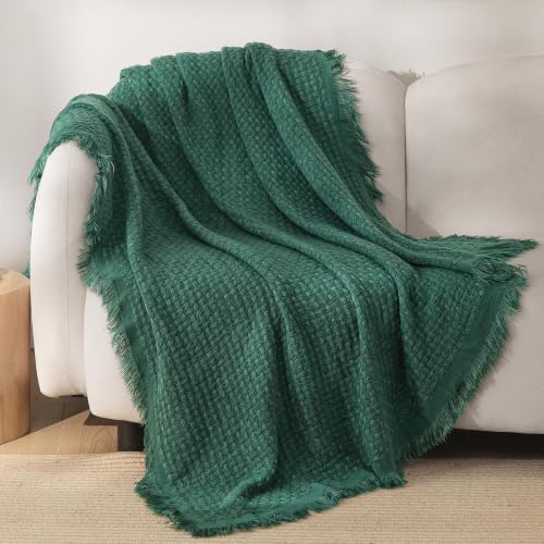 Exclusivo Mezcla Knit Throw Blanket with Fringes for Couch, Forest Green | 100% Acrylic Lightweight and Breathable Woven Throw for Summer, Super Soft Decorative Blanket with Tassel for Sofa, 50"x60" - color: Green, size: Throw (50"x60")