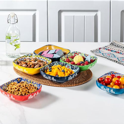 HENXFEN LEAD Boho Ceramic Square Bowls – 20 oz Colorful Bowls for Snacks, Dessert, Side Dishes, Pasta - 6 Inches Appetizer Plates Set of 6, Microwave & Dishwasher Safe - size: 20 Oz