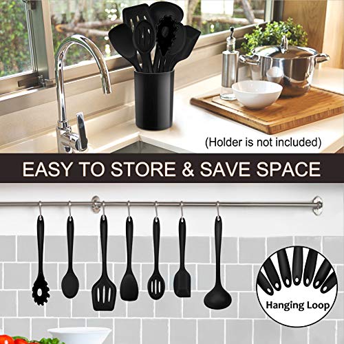 P&P CHEF Black Kitchen Utensils, Silicone Cooking Utensil Set of 7 | Soft Spatula for Nonstick Cookware, Slotted Turner, Soup Ladle, Pasta Server, Spoon for Cooking, Dishwasher Safe & Heat Proof - color: Black