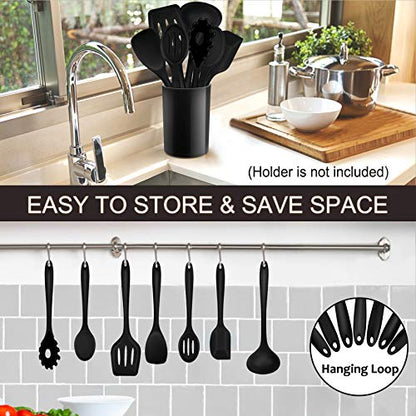 P&P CHEF Black Kitchen Utensils, Silicone Cooking Utensil Set of 7 | Soft Spatula for Nonstick Cookware, Slotted Turner, Soup Ladle, Pasta Server, Spoon for Cooking, Dishwasher Safe & Heat Proof - color: Black