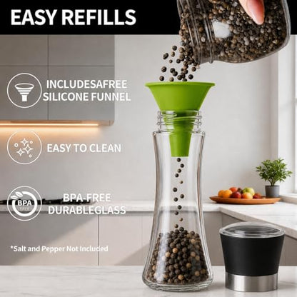 Premium Salt and Pepper Grinder Set of 2, 6 oz Refillable Glass Salt and Pepper Shakers with Adjustable Ceramic Grinder, Manual Pepper Mill Set Includes Funnel & Cleaning Brush, ransparent Lid - color: Black, size: 2.5"W x 7.5"H