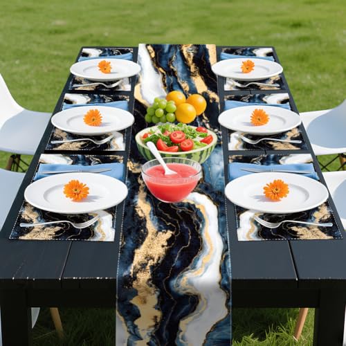 WADORN Marble Texture Abstract Table Runner and Placemats Set of 6, Black White Gold Ink Marble Texture Kitchen Dinning Table Decoration Abstract Modern Art Dining Settings for Home Kitchen Party - size: Marble Texture