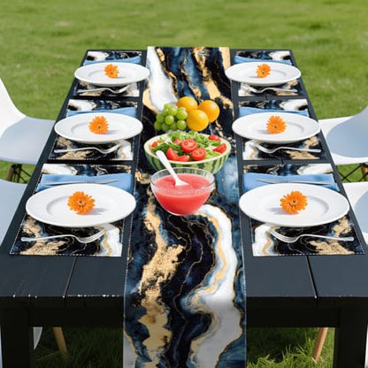 WADORN Marble Texture Abstract Table Runner and Placemats Set of 6, Black White Gold Ink Marble Texture Kitchen Dinning Table Decoration Abstract Modern Art Dining Settings for Home Kitchen Party - size: Marble Texture