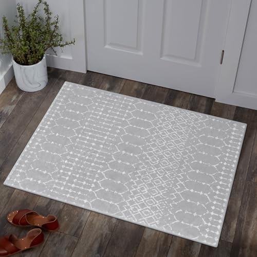 Lahome Moroccan Rugs for Entryway 2x3 Small Non-Slip Kitchen Rug Throw Lightweight Area Rugs for Bedroom Gray Vintage Print Distressed Bath Mat Floor Indoor Doormat Carpet for Laundry Living Room - color: Grey, size: 2' x 3' (Rectangular)