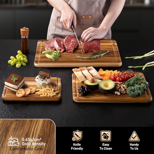 Teak Wood Cutting Board Set for Kitchen High-End Non Toxic Non Slip Over Sink Solid Thick Wood Haus Chopping Board Extra Large Big Small Best Kitchen Essential House Warming Hostess Host Gift - style: Set of 3