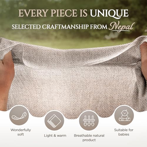 Cashmere Blanket – Hand Woven 100% Pure Wool Throw Blanket, 135 x 270 cm – Fine Herringbone Pattern Cozy, and Soft Blanket for Bed, Sofa, or Couch - Made in Nepal - color: Grey Brown